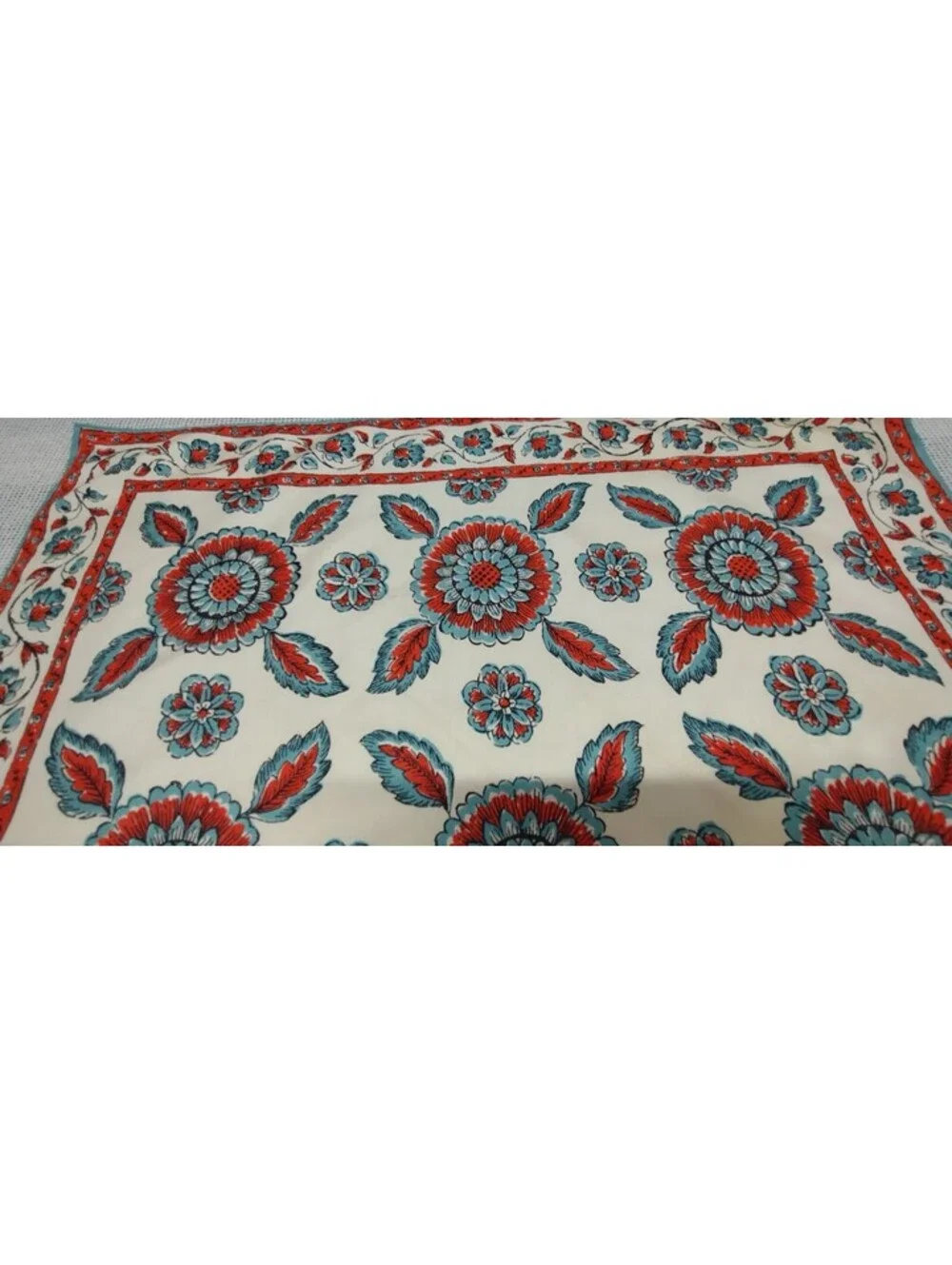 Vintage Glentex 1950s Bohemian Indian Scarf Terra Orange Floral 50s Blue Border